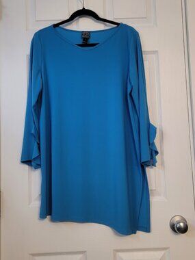 Clara Sunwoo Turq longer top w/ designer ruffle sleeves-Size Large-Made in USA
